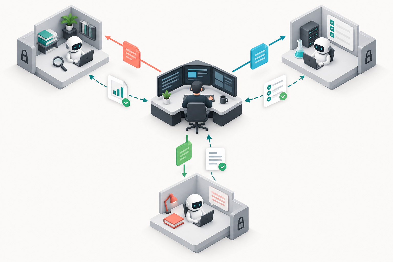 A central coding workspace delegates bounded tasks to isolated research, test, and review workspaces and receives reports